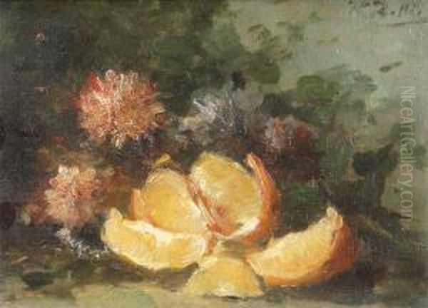 Still Life With Orange And Flowers Oil Painting by Hubert Bellis