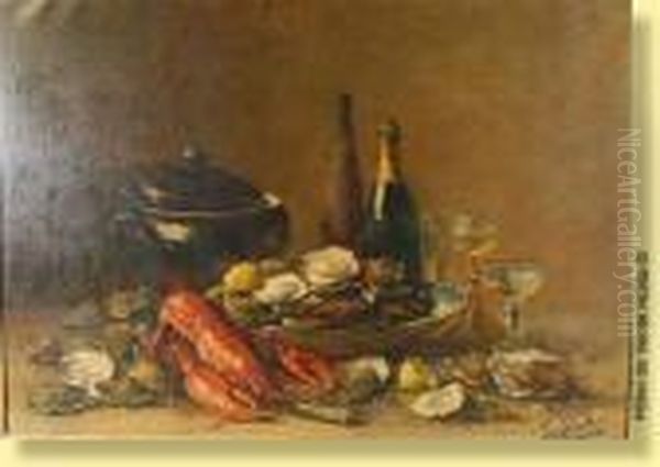 Nature Morte Aux Huitres, Homard Et Champagne Oil Painting by Hubert Bellis