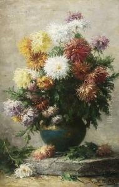 Chrysanthemen In Blauer
 Vase. Oil Painting by Hubert Bellis