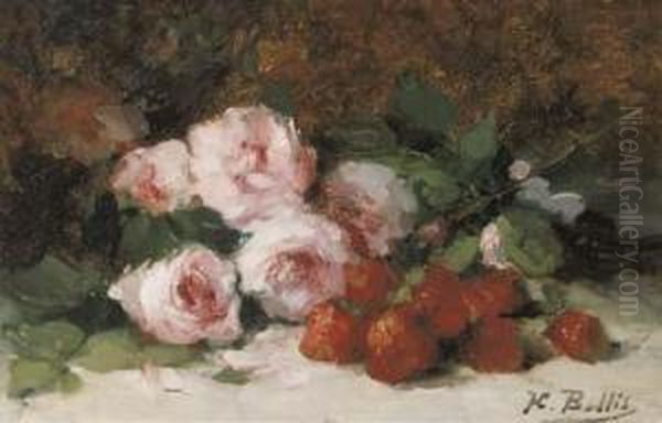 Strawberries And Pink Roses On A Ledge Oil Painting by Hubert Bellis