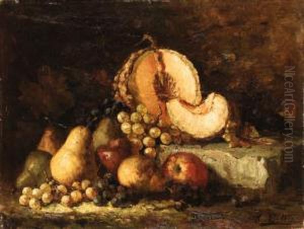 Still Life With Fruit On A Stone Ledge Oil Painting by Hubert Bellis