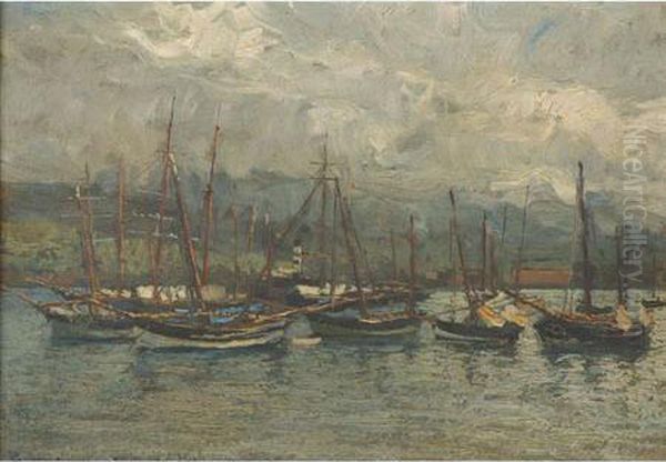 Moored Fishing Boats Oil Painting by Giorgio Belloni