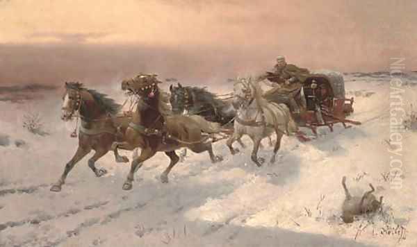 Running from the wolves Oil Painting by Adolf Baumgartner-Stoiloff