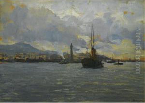 Harbor On A Gray Day Oil Painting by Giorgio Belloni