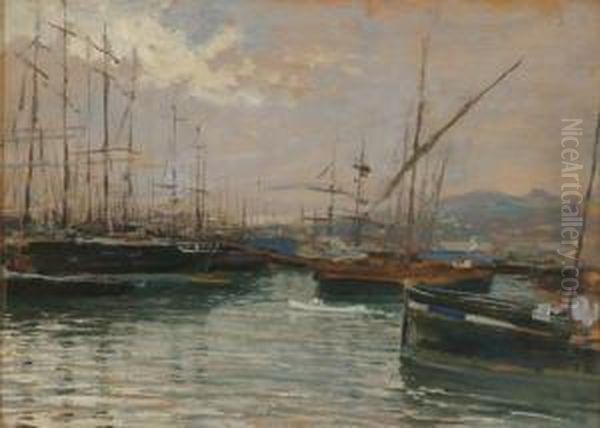 A Busy Port Oil Painting by Giorgio Belloni