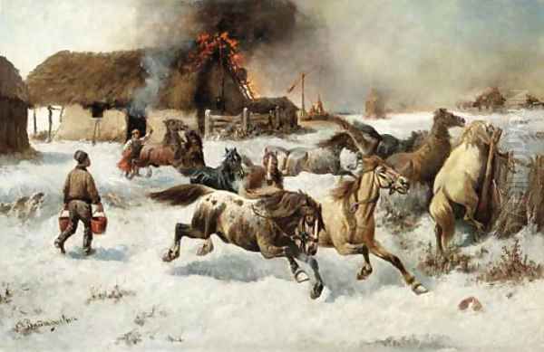 Fire on the farm Oil Painting by Adolf Baumgartner-Stoiloff