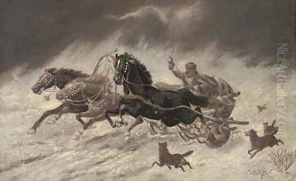 Running from the wolves 3 Oil Painting by Adolf Baumgartner-Stoiloff