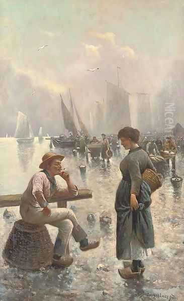 At the fish market Oil Painting by Adolf Baumgartner-Stoiloff