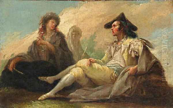 A Youth seated with a Basket; and A seated Majo and Maja in Conversation Oil Painting by Ramon Bayeu Y Subias