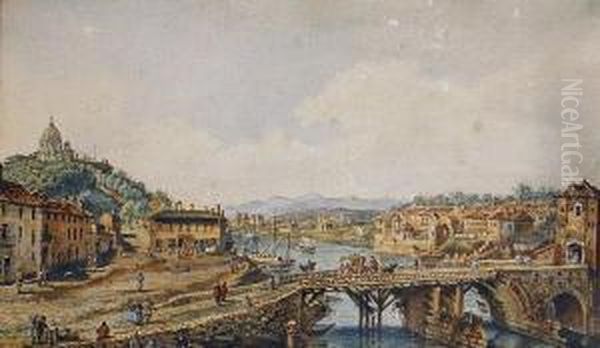 Turin, With The Palazzo Reale; And The Old Bridge Over The River Po, Turin Oil Painting by Bernardo Bellotto