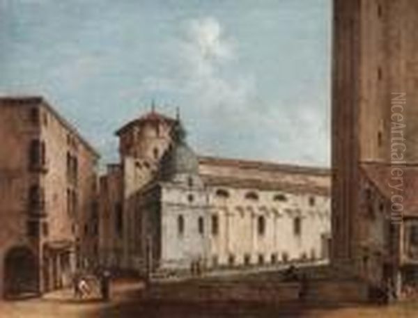 Scorcio Del Duomo Di Treviso Da Via Cornarotta Verso Il Campanile Oil Painting by Bernardo Bellotto