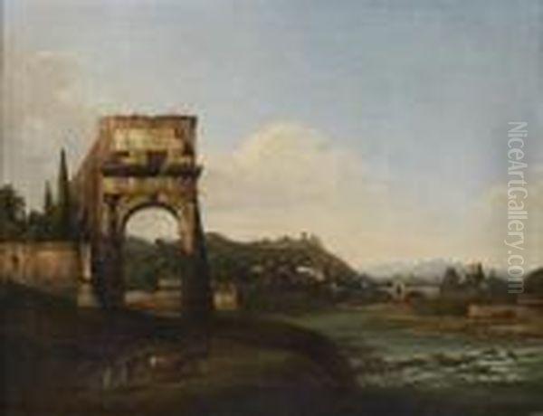 Caprice Architectural Avec L'arc De Titus Au Bord D'une Riviere Oil Painting by Bernardo Bellotto