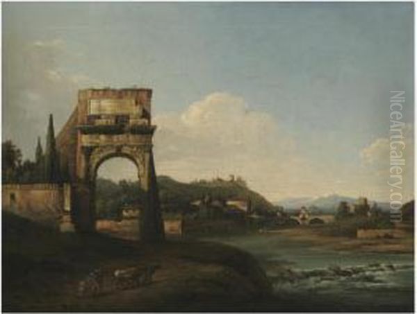 A River Landscape With A Ruined 
Classical Arch And A Herder And Hiscattle In The Foreground Oil Painting by Bernardo Bellotto