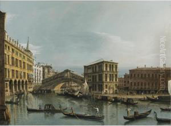 Venice; View Of The Grand Canal 
With The Rialto Bridge, Seen From The North, The Fondaco Dei Tedeschi At
 Left, The Palazzo Dei Camerlenghi And The Fabbriche Vecchie Di Rialto 
At Right Oil Painting by Bernardo Bellotto