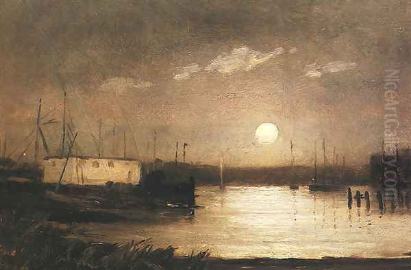 Moon over a Harbor Oil Painting by Edward Mitchell Bannister