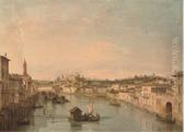 The River Adige From The Ponte Nuovo Oil Painting by Bernardo Bellotto