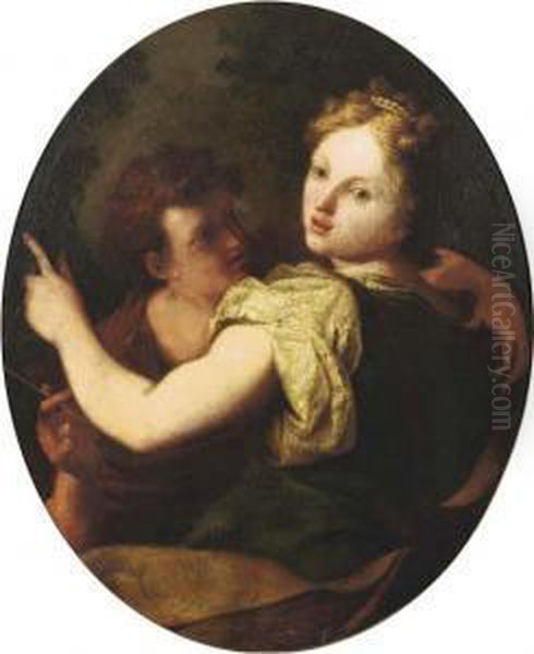 Angelica And Medoro, In A Painted Oval Oil Painting by Antonio Bellucci