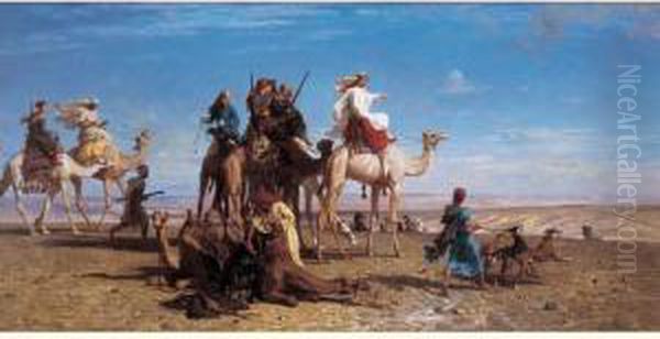 Le Depart Pour La Chasse, Palestine. Oil Painting by Leon Adolphe Belly