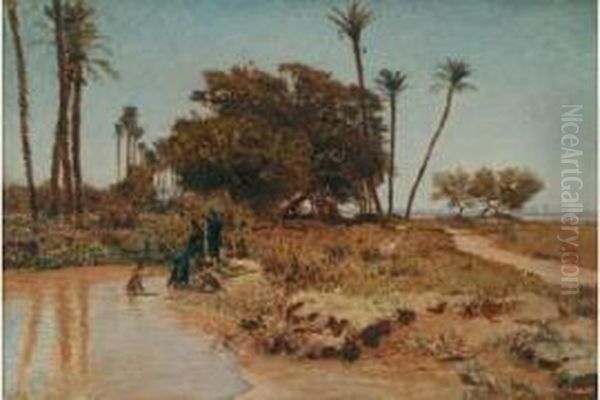 Ile De Gizeh, (le Caire) Femmes Se Baignant, Vers 1857-1858 Oil Painting by Leon Adolphe Belly