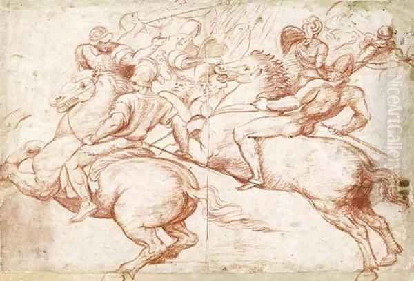 Studies After Raphael Two Horsemen Recoiling, With Soldiers In The Background Oil Painting by Boccaccio Boccaccino