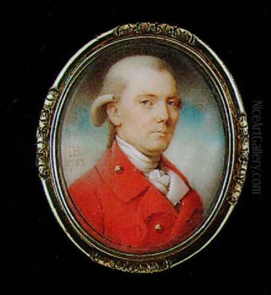 A portrait of a gentleman with powdered hair en queue, wearing red coat with gold buttons 1783 Oil Painting by John Bogle