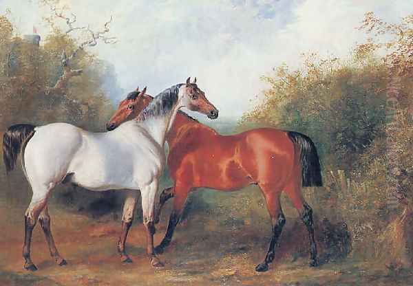 A strawberry roan and a bay hunter in a landscape Oil Painting by Henry Barraud