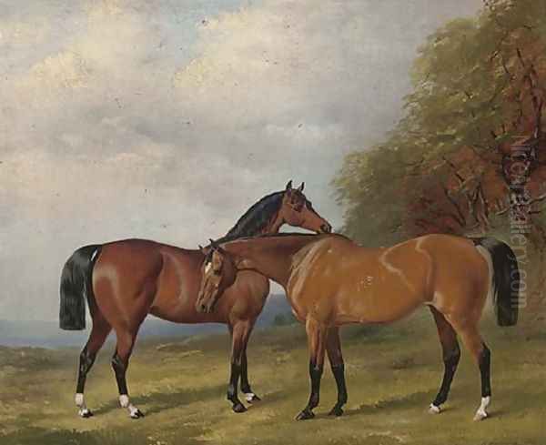 Two bay hunters in an extensive landscape 1860 Oil Painting by Henry Barraud