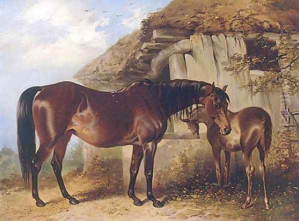 Mare and Foal 1850 Oil Painting by Henry Barraud