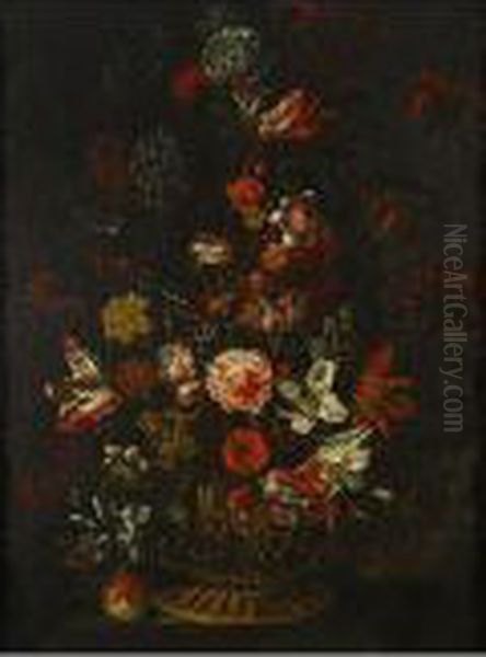 Par De Floreros En Jarrones De Bronce Oil Painting by Andrea Belvedere