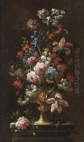 Roses, Carnations, Parrot 
Tulips, Narcissi And Other Flowers In Asculpted Urn On A Plinth Oil Painting by Andrea Belvedere