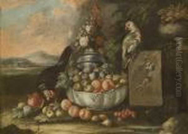 Coq, Perroquet Et Corbeille De Fruits Oil Painting by Andrea Belvedere