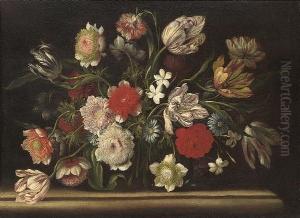 Tulips, Carnations, Roses And Other Flowers On A Stone Ledge Oil Painting by Andrea Belvedere