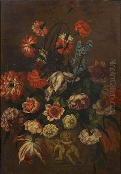 Tulips, Carnations, Roses, Hyacinths And Other Flowers In A Stone Vase Oil Painting by Andrea Belvedere