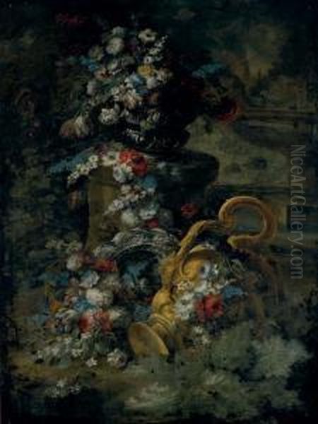 Tulips, Roses, Bluebells And 
Other Flowers In An Urn, On A Pedestal, A Second Urn Below And A 
Fountain Beyond Oil Painting by Andrea Belvedere