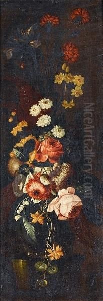 A Still Life Of Carnations, 
Narcissi, Roses And Other Flowers In A Glass Vase On A Stone Ledge; And A
 Still Life Of Roses, A Peony, Narcissi, Snowdrops And Other Flowers In A
 Glass Vase On A Stone Ledge Oil Painting by Andrea Belvedere