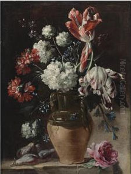 Still Life With Tulips, 
Carnations And Other Flowers In A Ceramic Vase, A Bunch Of Figs, And A 
Rose, All Resting On A Stone Ledge Oil Painting by Andrea Belvedere