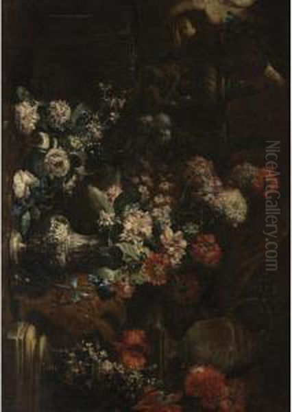 Elaborate Still Life Of Flowers In A Landscape Oil Painting by Andrea Belvedere