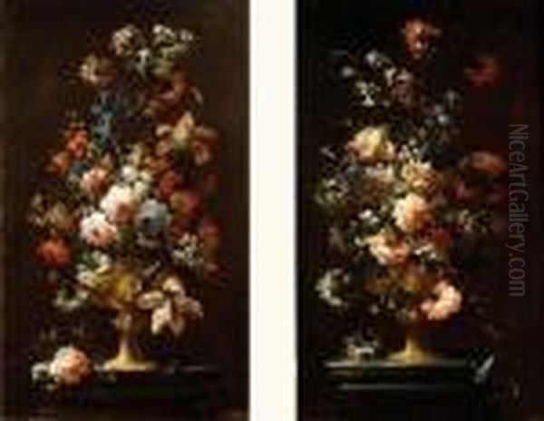 Paire De Bouquets De Fleurs Dans Un Vase Pose Sur Un Entablement Oil Painting by Andrea Belvedere