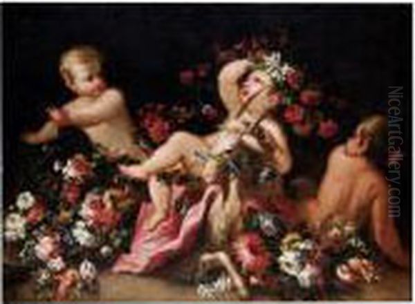 Natura Morta Di Fiori Con Putti A Dorso Di Una Capretta Oil Painting by Andrea Belvedere