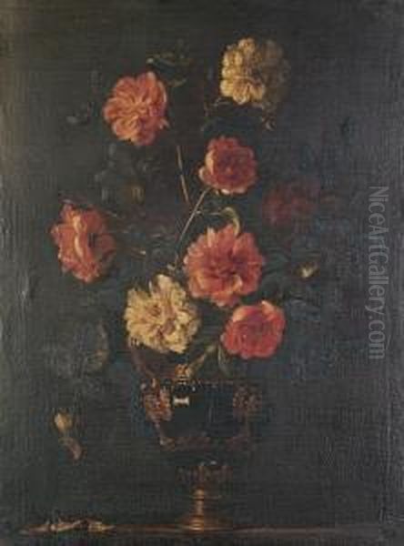 Roses In A Gilt Mounted Vase On A Ledge Oil Painting by Andrea Belvedere