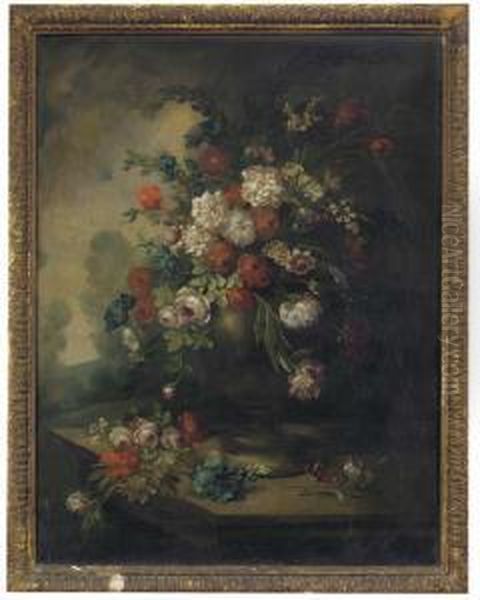 Roses, Morning Glory, Chrysanthemums And Other Flowers In An Urn, In A Landscape Oil Painting by Andrea Belvedere