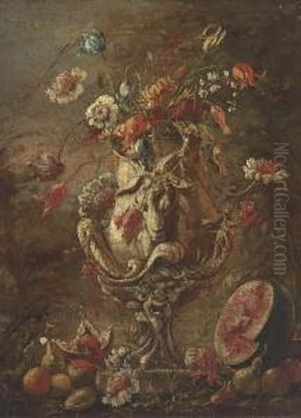 Tulips, Narcissi And Other 
Flowers In A Suclpted Urn, With Apples,pears, Pomegranates And Half A 
Melon In A Clearing Oil Painting by Andrea Belvedere