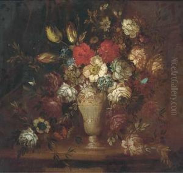 Roses, Tulips, And Other Flowers In A Vase With A Butterfly On Aledge Oil Painting by Andrea Belvedere