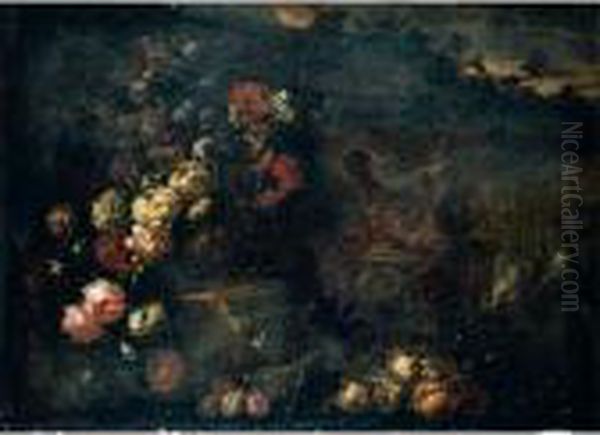 Still Life Of Flowers In A 
Sculpted Vase, Together With A Large Gilt Ewer, Carved Stone Reliefs And
 Fruit, Set Within A Landscape Oil Painting by Andrea Belvedere