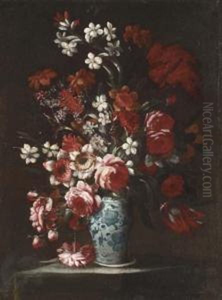 Roses, Peonies, Narcissi And Other Flowers In A Decorated Vase On A Table Oil Painting by Andrea Belvedere