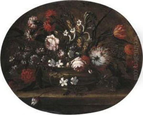 Roses, Tulips, Carnations And Other Flowers In A Bronze Vase On Aledge Oil Painting by Andrea Belvedere