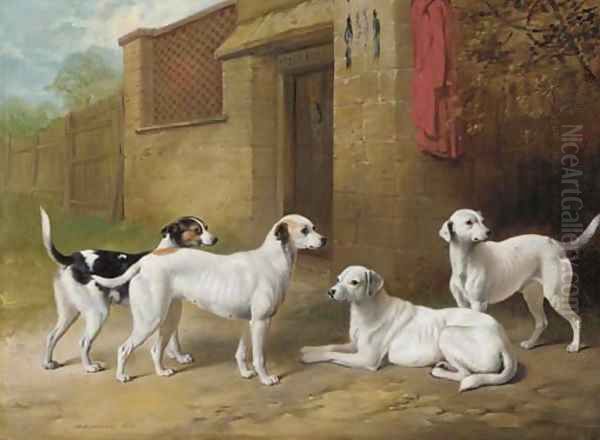 Harrier hounds outside a kennel Oil Painting by Henry Barraud