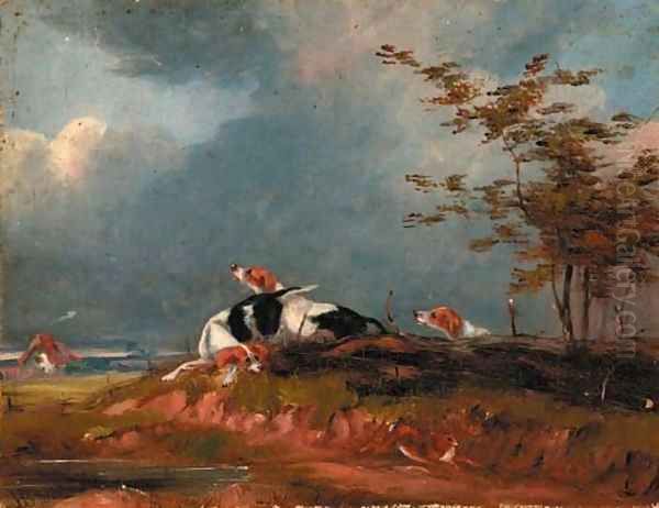 Hounds chasing a hare Oil Painting by Henry Barraud