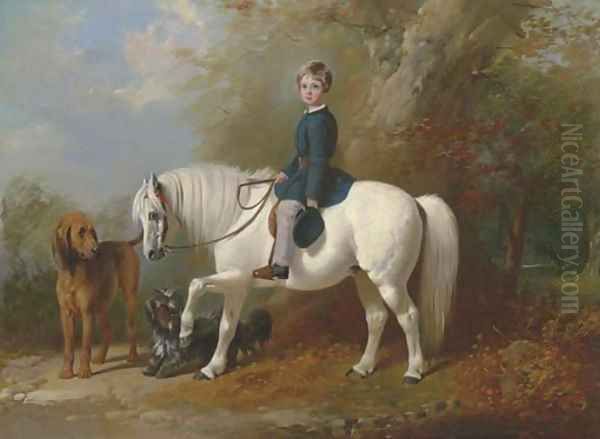 Master Beresford Lowndes on his pony with two dogs at the edge of a wood Oil Painting by Henry Barraud