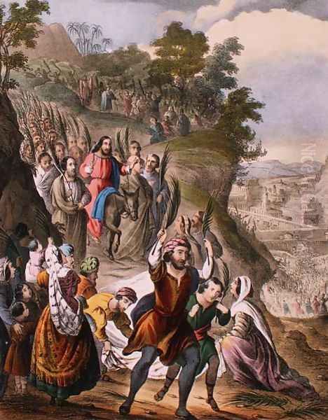 Christ's Triumphal Entry into Jerusalem, from a bible, 1870's Oil Painting by Siegfried Detler Bendixen